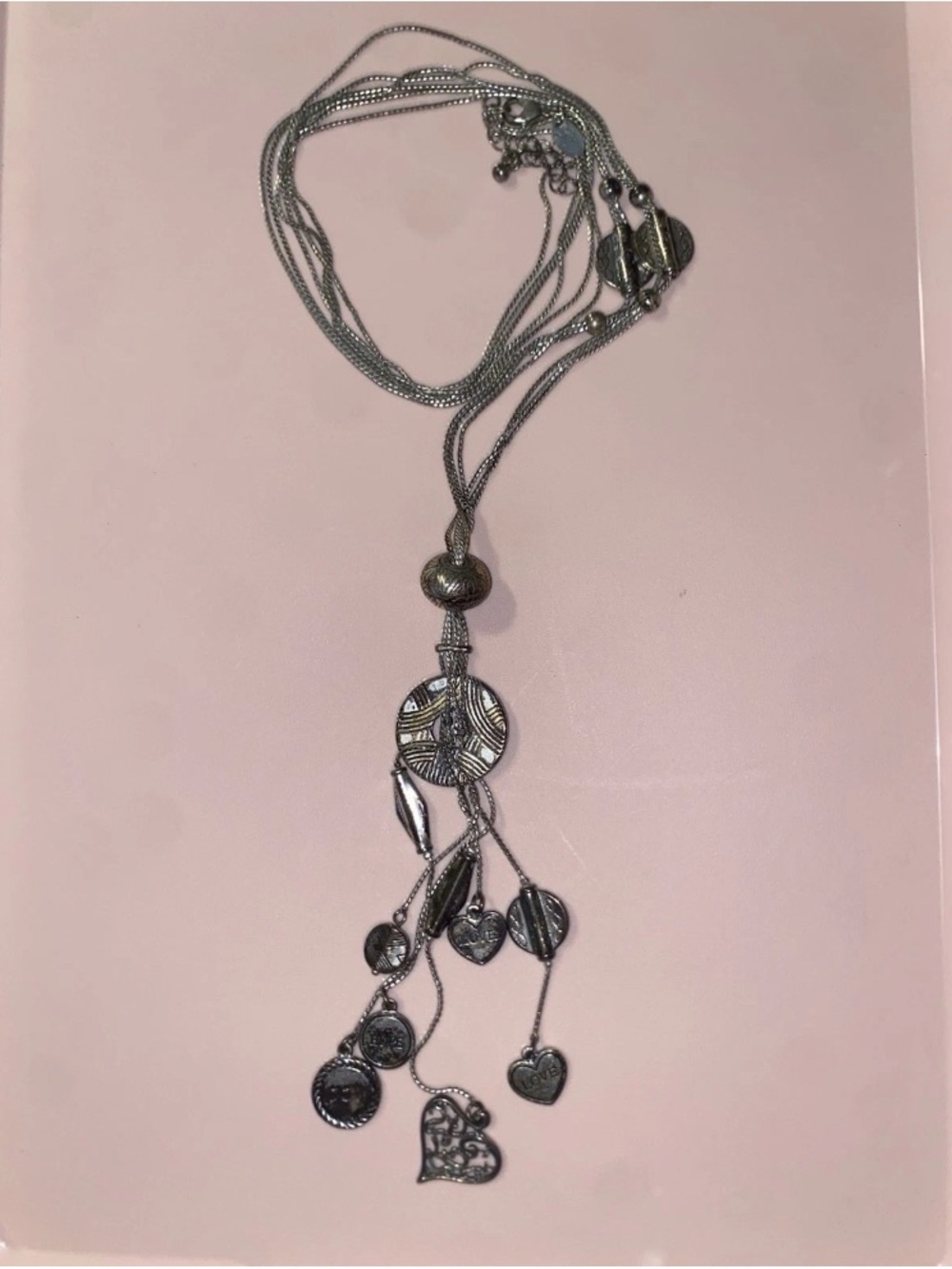Lia Sophia "Menagerie" Silver Tone Tassel Heart Charms Long Necklace 21 Inches